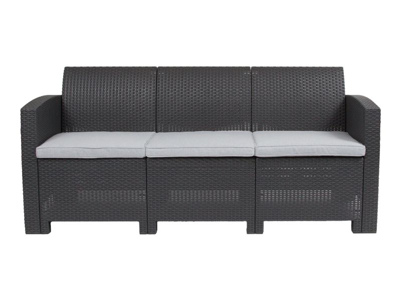 Flash Furniture Faux Rattan Outdoor Sofa With AllWeather Cushions Dark Gray