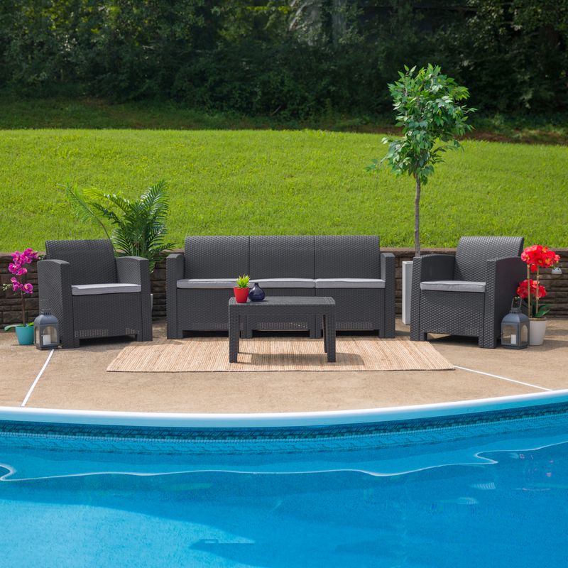 Flash Furniture Faux Rattan Outdoor Sofa With AllWeather Cushions Dark Gray