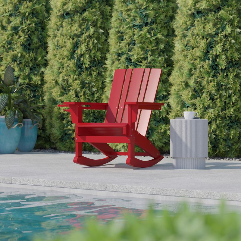 Flash Furniture Halifax AllWeather Adirondack Chair with Cup Holder and PullOut Ottoman Red