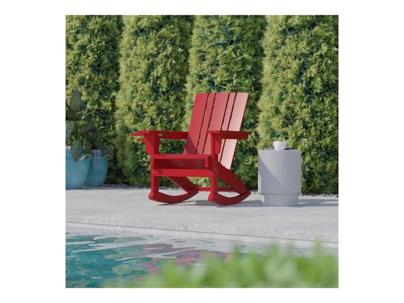 Flash Furniture Halifax AllWeather Adirondack Chair with Cup Holder and PullOut Ottoman Red