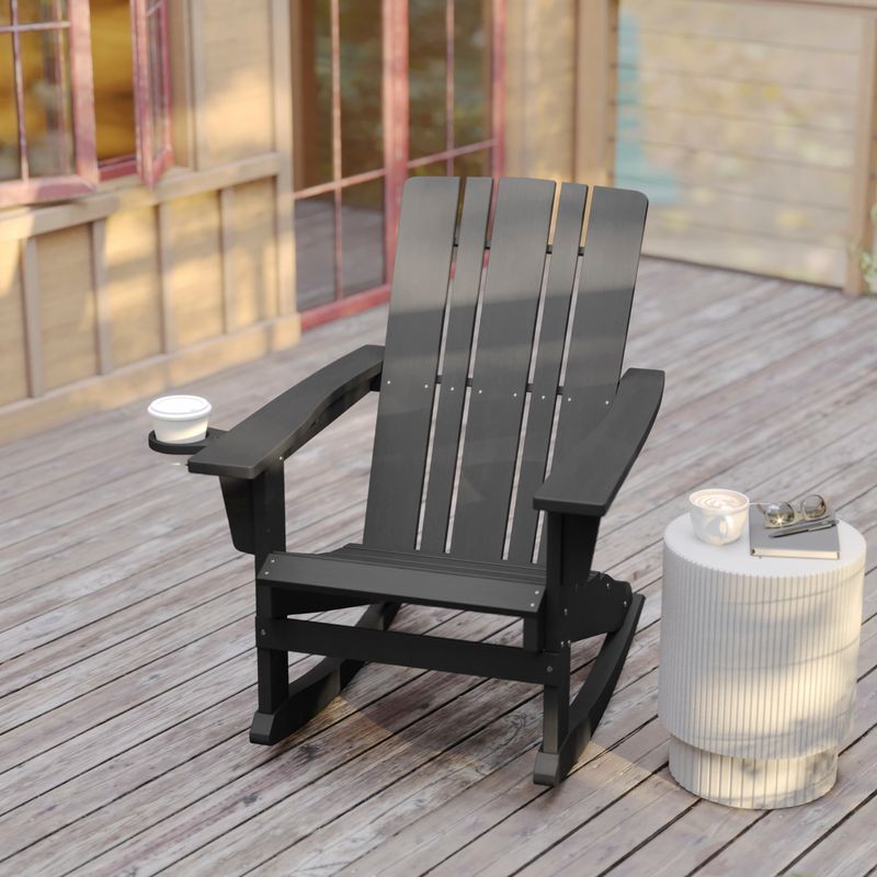 Flash Furniture Halifax AllWeather Adirondack Chair with Cup Holder and PullOut Ottoman Gray
