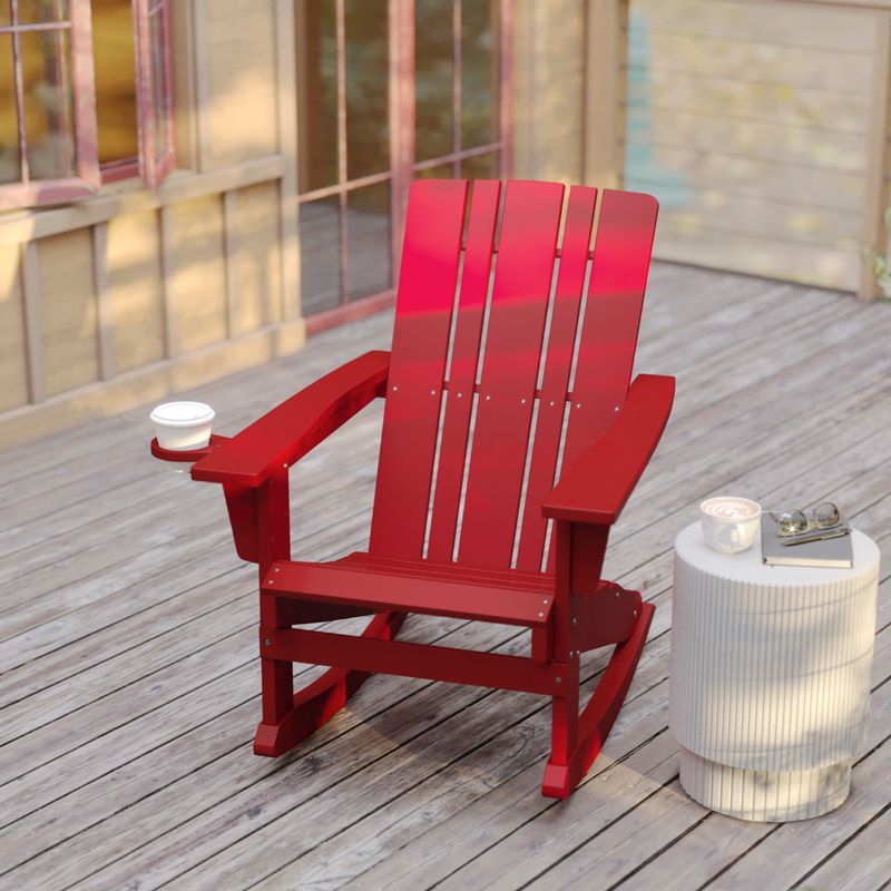 Flash Furniture Halifax AllWeather Adirondack Chair with Cup Holder and PullOut Ottoman Red