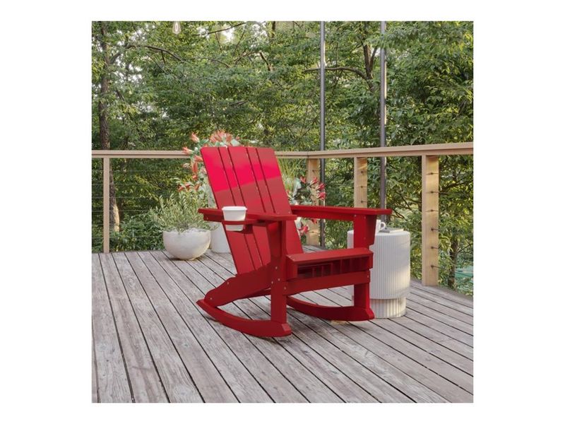 Flash Furniture Halifax AllWeather Adirondack Chair with Cup Holder and PullOut Ottoman Red