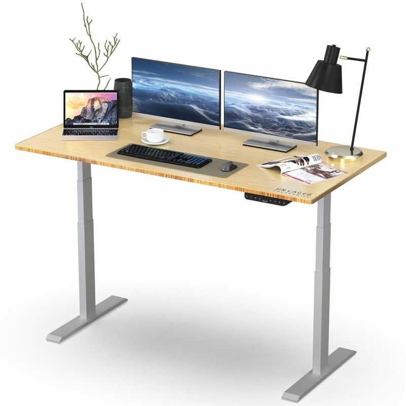Rise Up Electric Standing Desk 60x30 Natural Bamboo Desktop Dual Motors Adjustable Height White Frame 26516 with memory