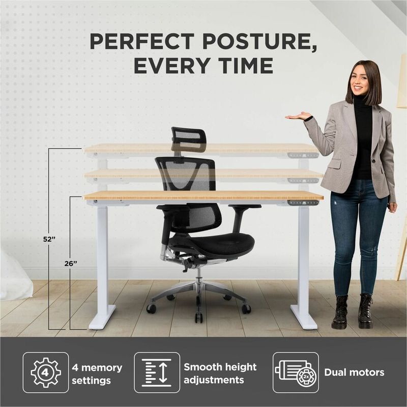 Rise Up Electric Standing Desk 60x30 Natural Bamboo Desktop Dual Motors Adjustable Height White Frame 26516 with memory