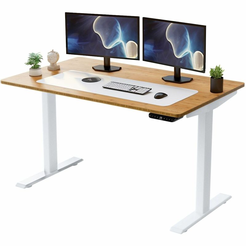 Rise Up Electric Standing Desk 60x30 Natural Bamboo Desktop Dual Motors Adjustable Height White Frame 26516 with memory