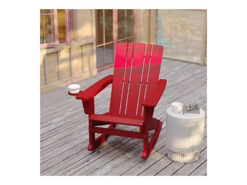 Flash Furniture Halifax AllWeather Adirondack Chair with Cup Holder and PullOut Ottoman Red