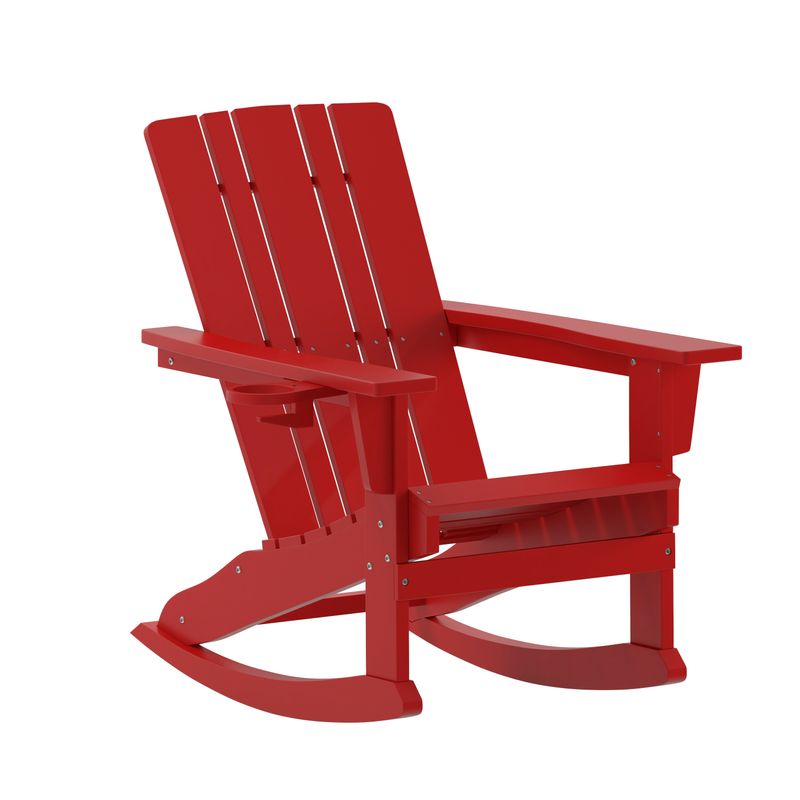 Flash Furniture Halifax AllWeather Adirondack Chair with Cup Holder and PullOut Ottoman Red