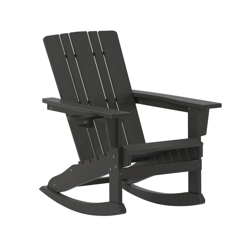 Flash Furniture Halifax AllWeather Adirondack Chair with Cup Holder and PullOut Ottoman Black
