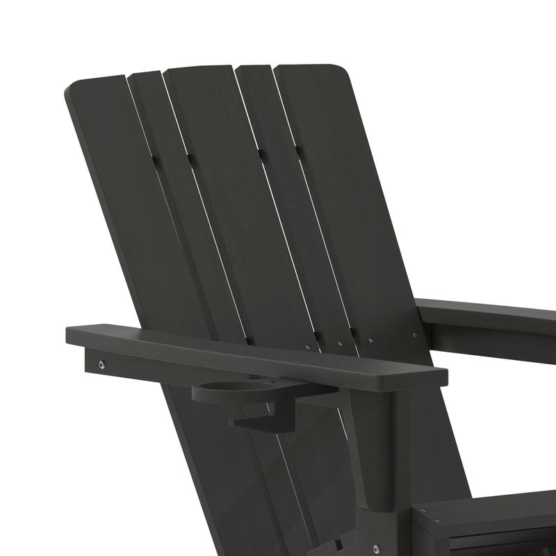 Flash Furniture Halifax AllWeather Adirondack Chair with Cup Holder and PullOut Ottoman Black