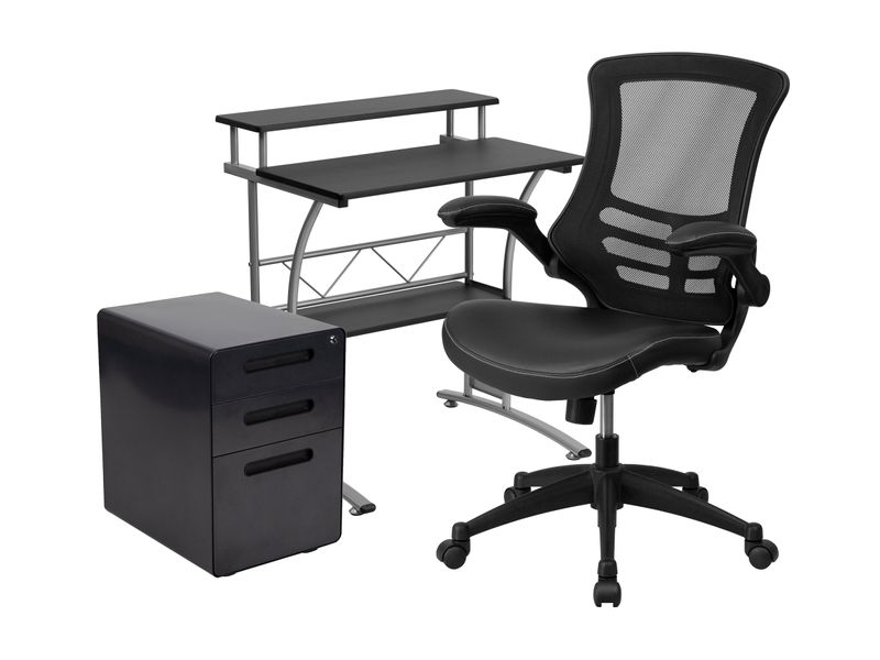 Flash Furniture Work From Home Desk And Chair Set With Computer Desk Ergonomic MeshLeatherSoft Office Chair And Locking Mobile Filing Cabinet Black