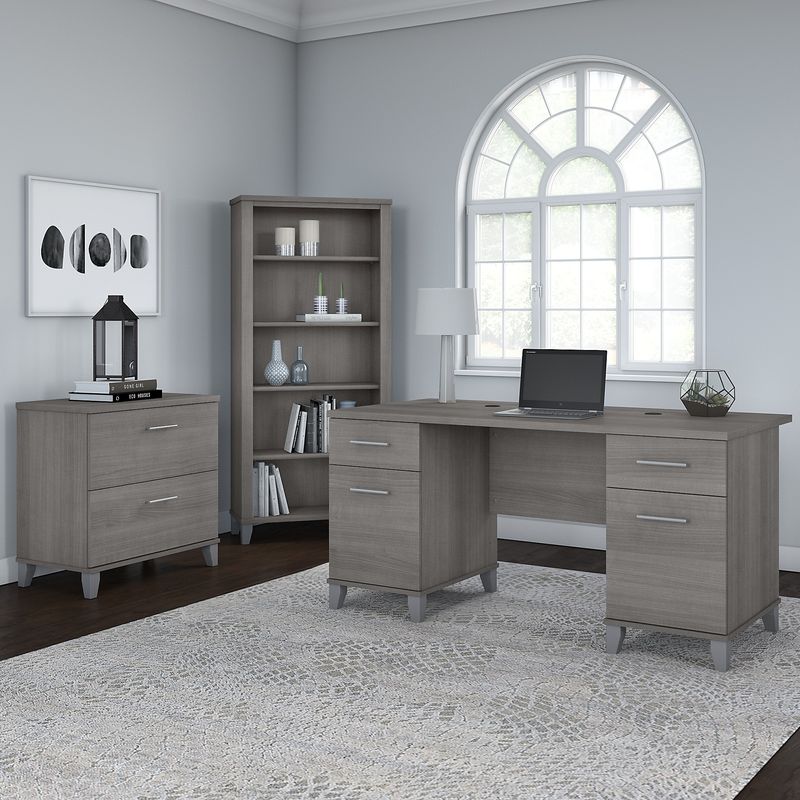 Bush Furniture 60W Office Computer Desk With Lateral File Cabinet And 5Shelf Bookcase Platinum Gray Standard Delivery