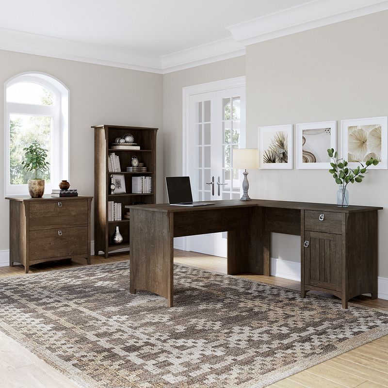 Bush Business Furniture Salinas 60W LShaped Corner Desk With Lateral File Cabinet And 5Shelf Bookcase Ash Brown Standard Delivery