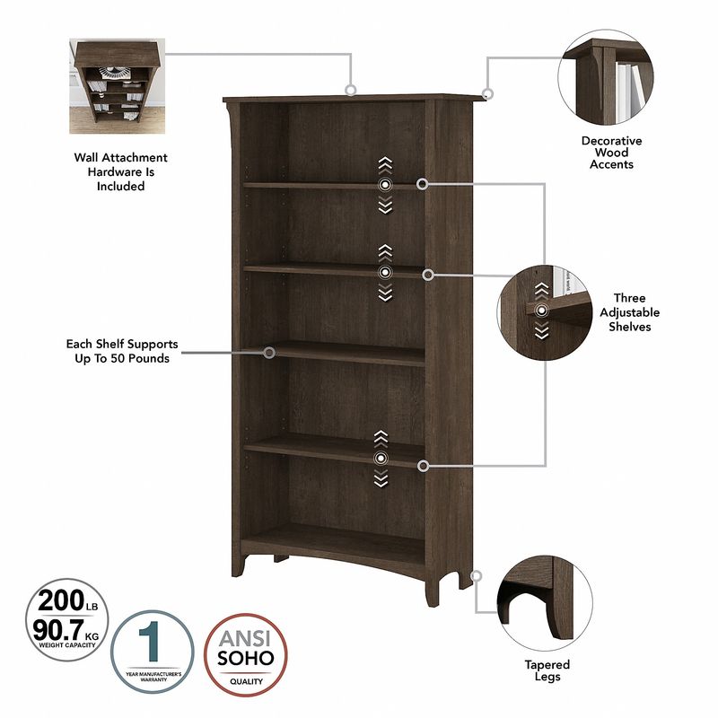 Bush Business Furniture Salinas 60W LShaped Corner Desk With Lateral File Cabinet And 5Shelf Bookcase Ash Brown Standard Delivery