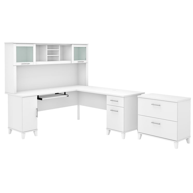 Bush Furniture Somerset 72W LShaped Desk With Hutch And Lateral File Cabinet White Standard Delivery