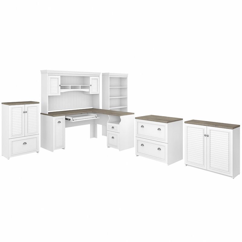 Bush Furniture Fairview 60W LShaped Desk With Hutch Bookcase Storage And File Cabinets Shiplap GrayPure White Standard Delivery