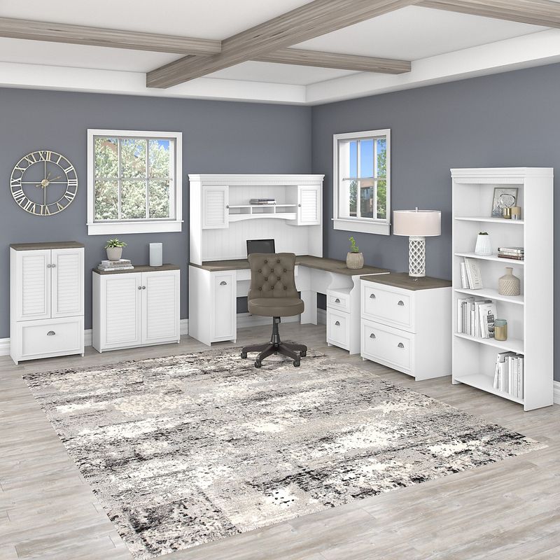 Bush Furniture Fairview 60W LShaped Desk With Hutch Bookcase Storage And File Cabinets Shiplap GrayPure White Standard Delivery