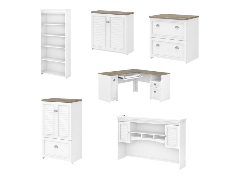 Bush Furniture Fairview 60W LShaped Desk With Hutch Bookcase Storage And File Cabinets Shiplap GrayPure White Standard Delivery