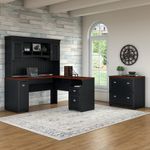 Bush Business Furniture Fairview 60W LShaped Corner Desk With Hutch And Lateral File Cabinet Antique BlackHansen Cherry Standard Delivery