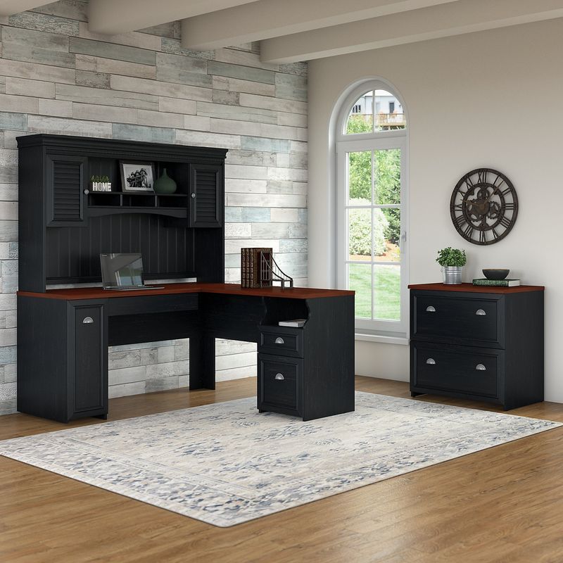 Bush Business Furniture Fairview 60W LShaped Corner Desk With Hutch And Lateral File Cabinet Antique BlackHansen Cherry Standard Delivery