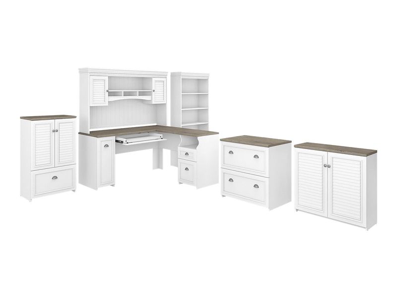 Bush Furniture Fairview 60W LShaped Desk With Hutch Bookcase Storage And File Cabinets Shiplap GrayPure White Standard Delivery