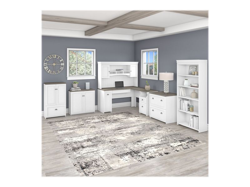 Bush Furniture Fairview 60W LShaped Desk With Hutch Bookcase Storage And File Cabinets Shiplap GrayPure White Standard Delivery
