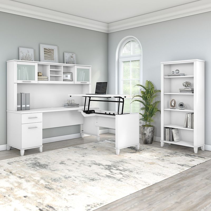 Bush Furniture Somerset 72W 3Position SitToStand LShaped Desk With Hutch And Bookcase White Standard Delivery