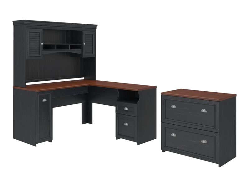 Bush Business Furniture Fairview 60W LShaped Corner Desk With Hutch And Lateral File Cabinet Antique BlackHansen Cherry Standard Delivery