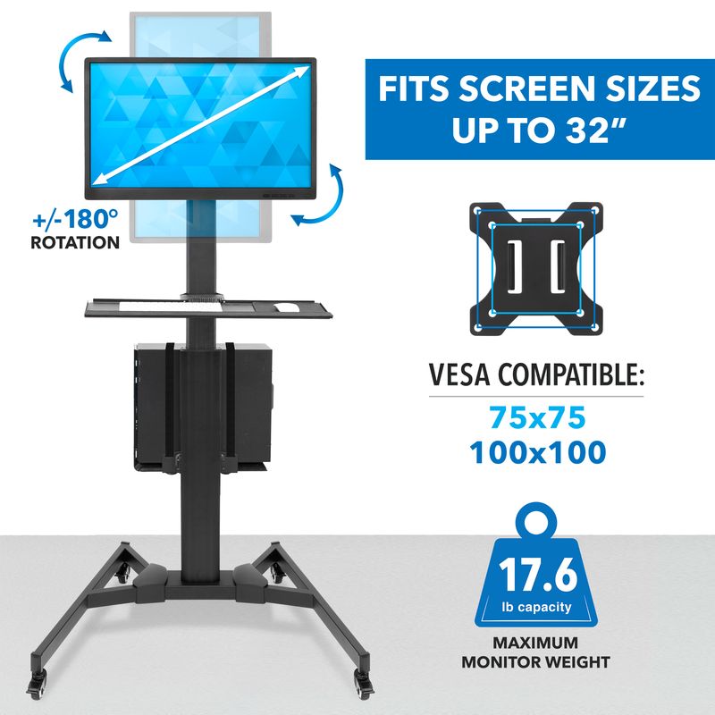 MountIt MI7985 Adjustable Mobile Workstation With Single Monitor Mount 4212H x 21W x 7D Black