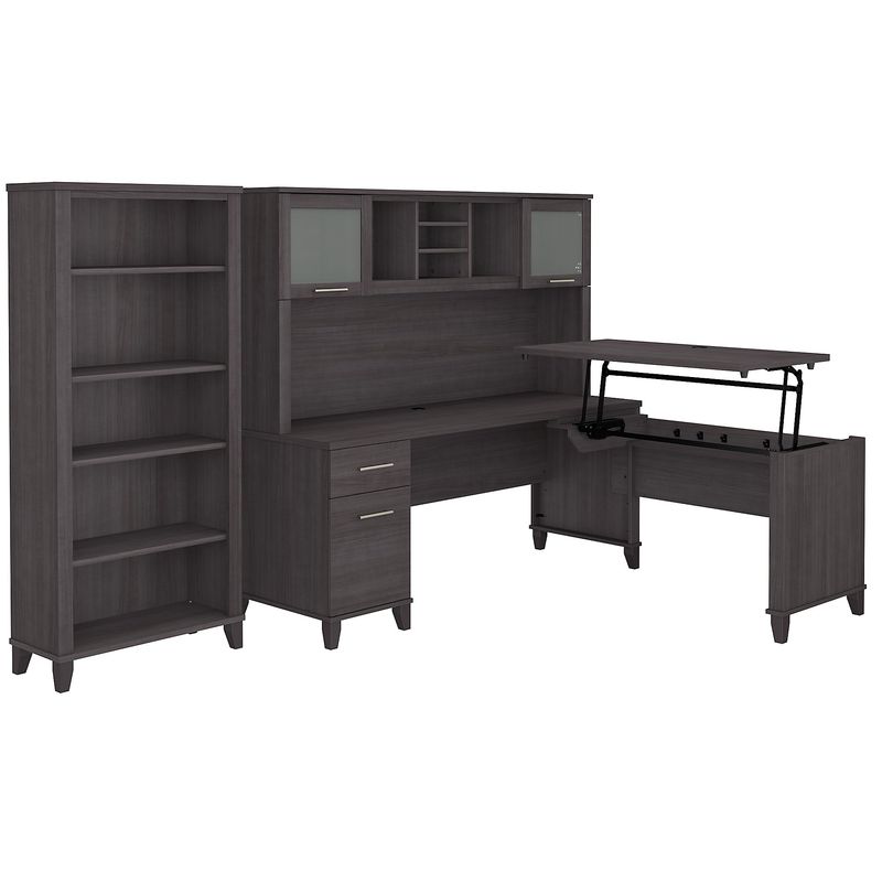 Bush Furniture Somerset 72W 3Position SitToStand LShaped Desk With Hutch And Bookcase Storm Gray Standard Delivery