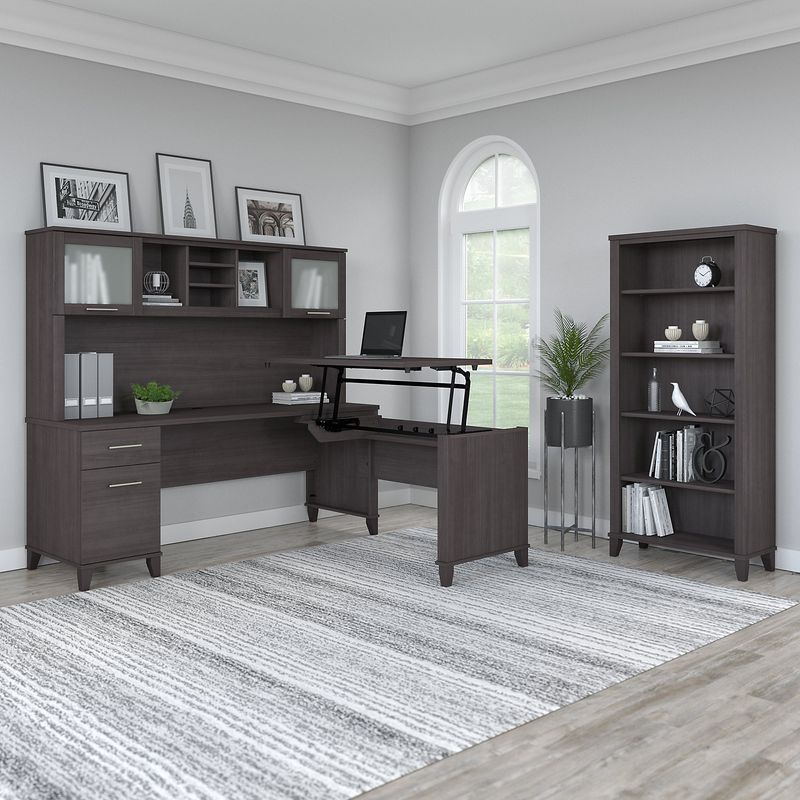 Bush Furniture Somerset 72W 3Position SitToStand LShaped Desk With Hutch And Bookcase Storm Gray Standard Delivery