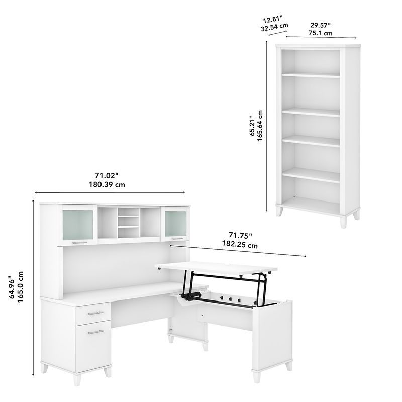 Bush Furniture Somerset 72W 3Position SitToStand LShaped Desk With Hutch And Bookcase White Standard Delivery