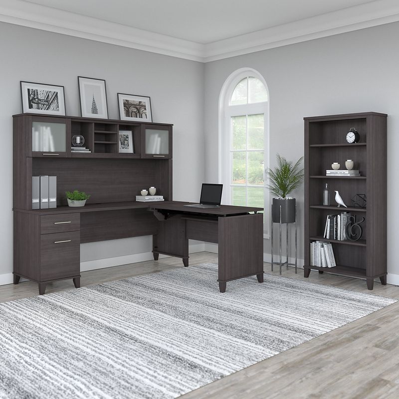 Bush Furniture Somerset 72W 3Position SitToStand LShaped Desk With Hutch And Bookcase Storm Gray Standard Delivery
