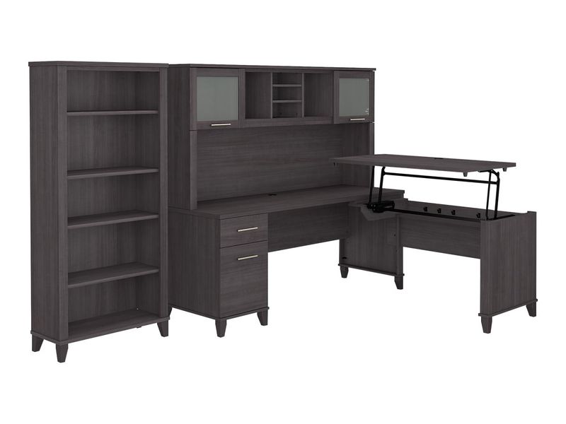 Bush Furniture Somerset 72W 3Position SitToStand LShaped Desk With Hutch And Bookcase Storm Gray Standard Delivery