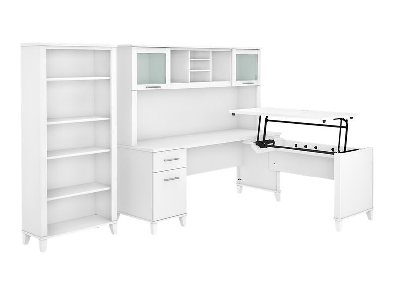 Bush Furniture Somerset 72W 3Position SitToStand LShaped Desk With Hutch And Bookcase White Standard Delivery