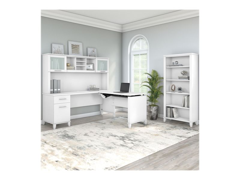 Bush Furniture Somerset 72W 3Position SitToStand LShaped Desk With Hutch And Bookcase White Standard Delivery