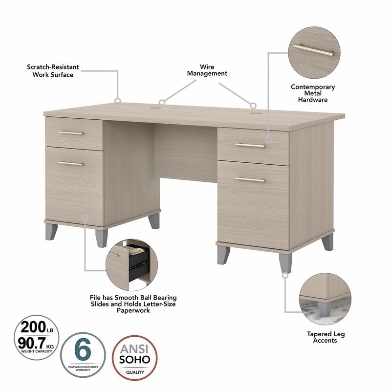Bush Business Furniture Somerset 60W Office Computer Desk With Lateral File Cabinet And 5Shelf Bookcase Sand Oak Standard Delivery