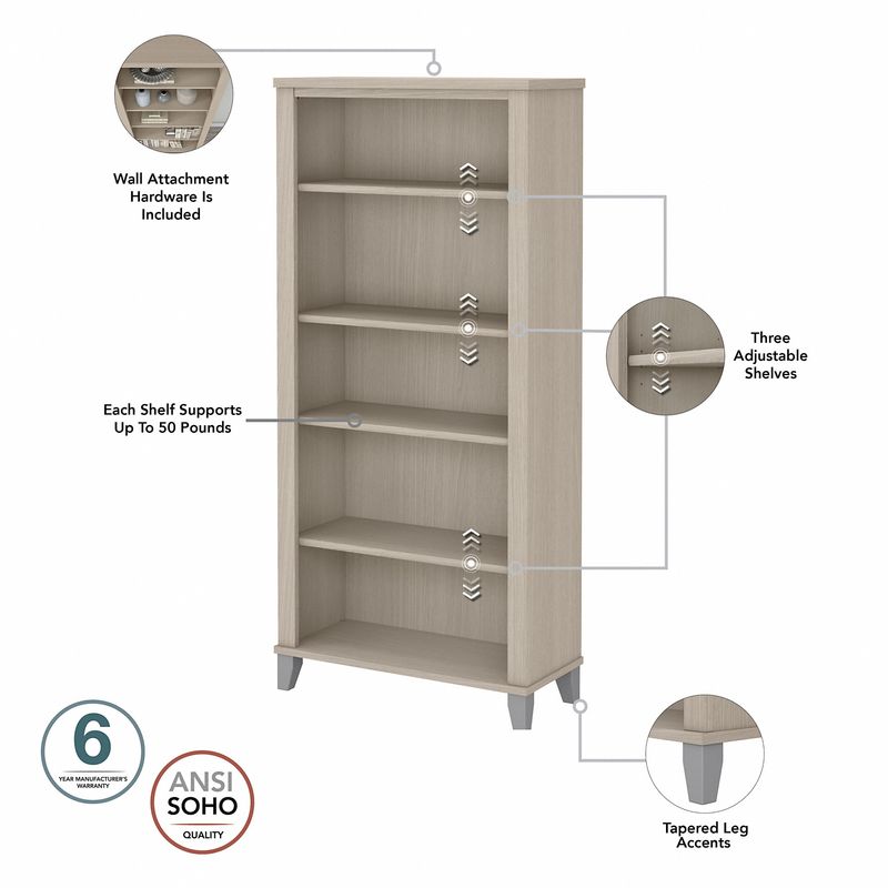 Bush Business Furniture Somerset 60W Office Computer Desk With Lateral File Cabinet And 5Shelf Bookcase Sand Oak Standard Delivery