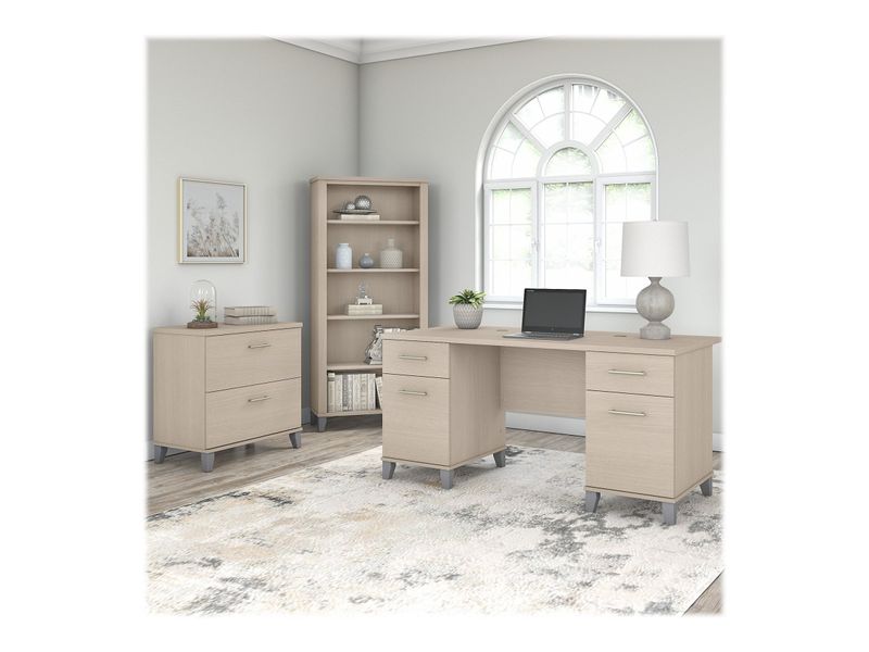 Bush Business Furniture Somerset 60W Office Computer Desk With Lateral File Cabinet And 5Shelf Bookcase Sand Oak Standard Delivery