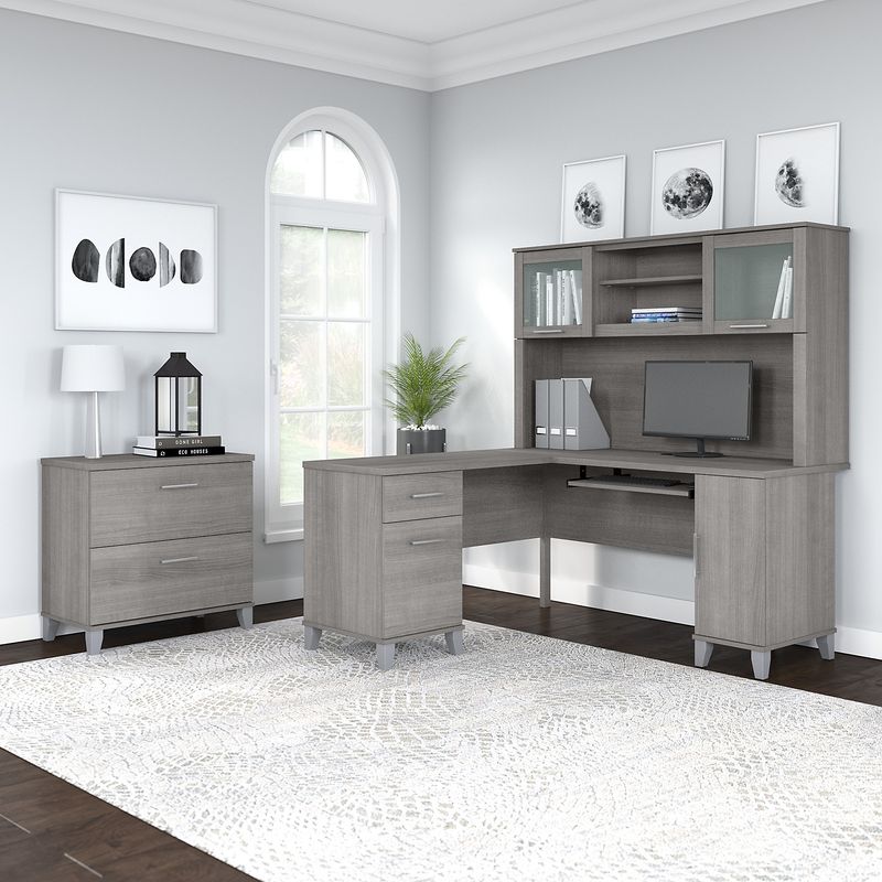 Bush Business Furniture Somerset 60W LShaped Corner Desk With Hutch And Lateral File Cabinet Platinum Gray Standard Delivery