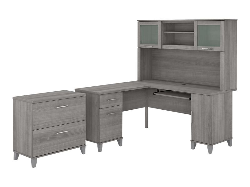 Bush Business Furniture Somerset 60W LShaped Corner Desk With Hutch And Lateral File Cabinet Platinum Gray Standard Delivery