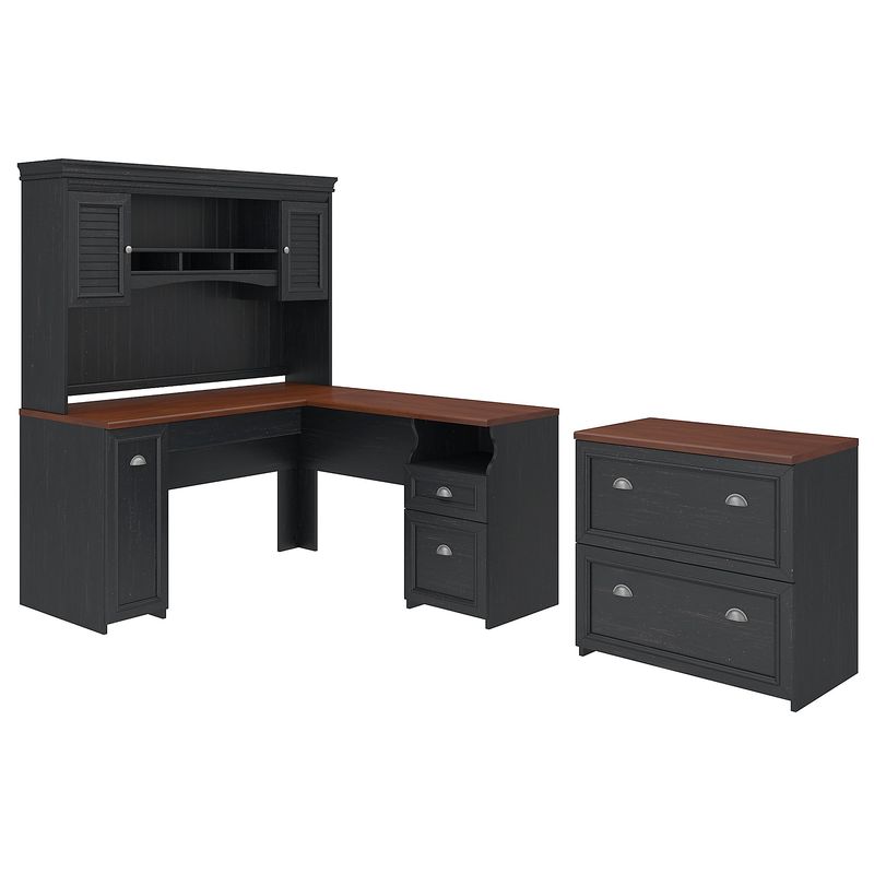 Bush Business Furniture Fairview 60W LShaped Corner Desk With Hutch And Lateral File Cabinet Antique BlackHansen Cherry Standard Delivery