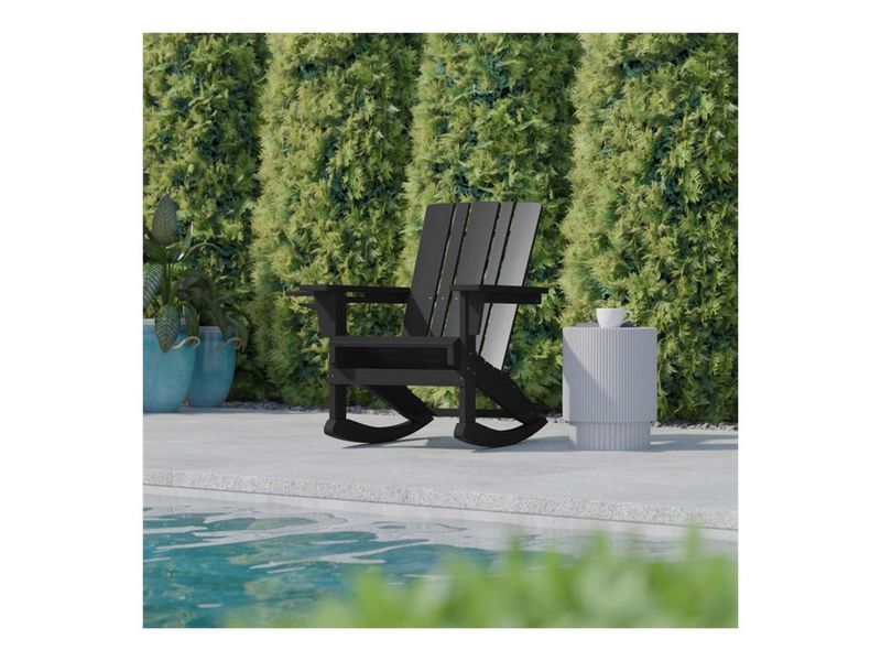 Flash Furniture Halifax AllWeather Adirondack Chair with Cup Holder and PullOut Ottoman Black