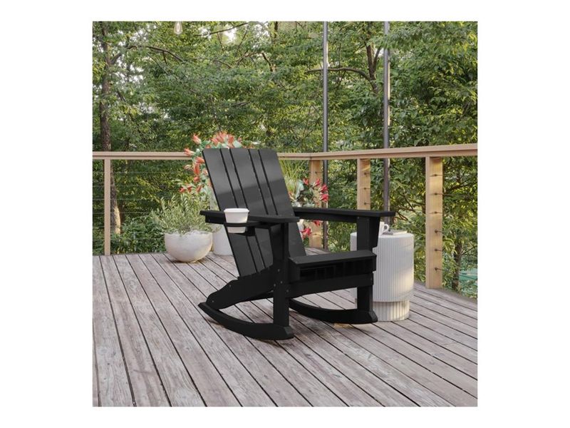 Flash Furniture Halifax AllWeather Adirondack Chair with Cup Holder and PullOut Ottoman Black