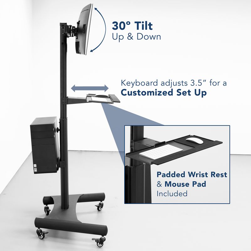 MountIt MI7986 Adjustable PC Mobile Workstation For Dual Monitors 45H x 2812W x 8D Black