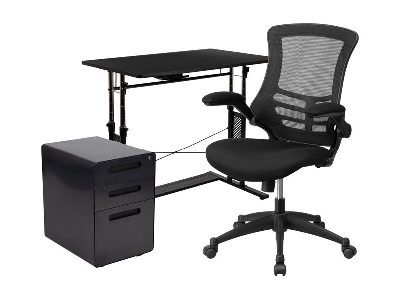 Flash Furniture Work From Home DeskChair Set With Adjustable Computer Desk Ergonomic Mesh ChairMobile Filing Cabinet Black BLNNAN21APX5LBK