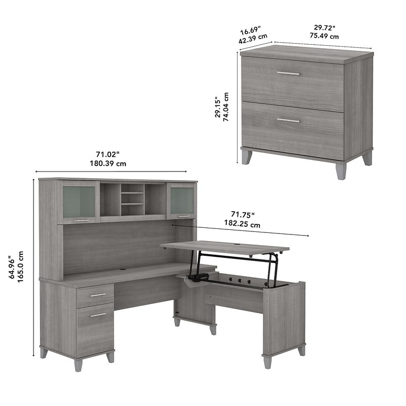 Bush Furniture Somerset 72W 3Position SitToStand LShaped Desk With Hutch And File Cabinet Platinum Gray Standard Delivery