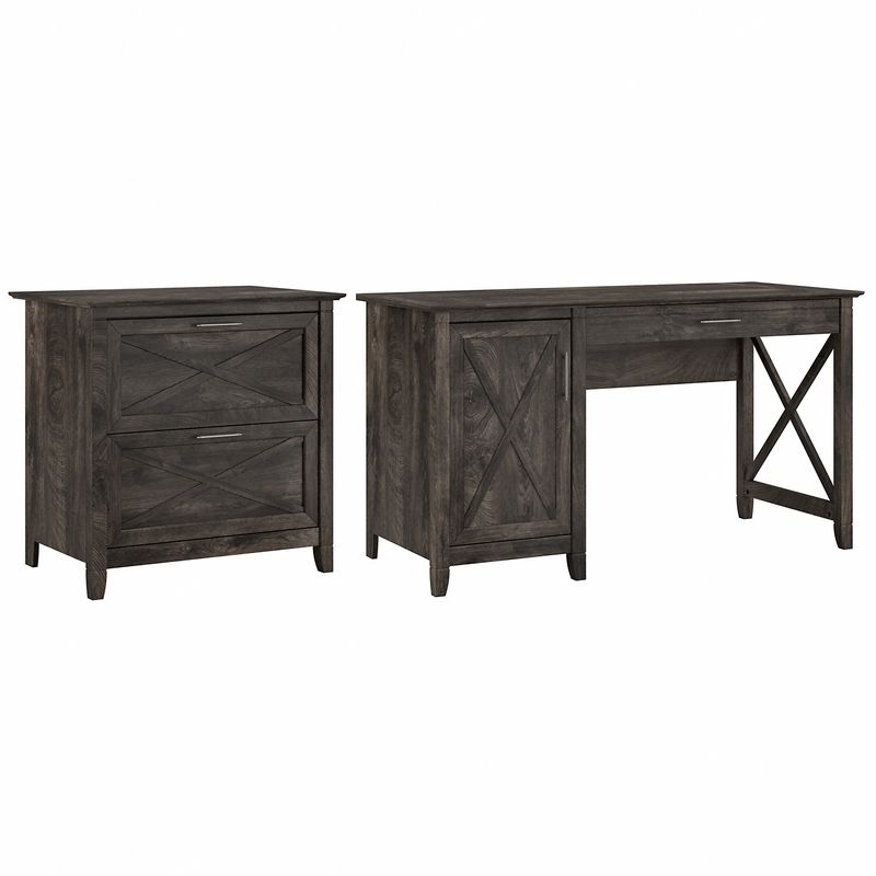 Bush Furniture Key West 54W Computer Desk With Storage And 2Drawer Lateral File Cabinet Dark Gray Hickory Standard Delivery