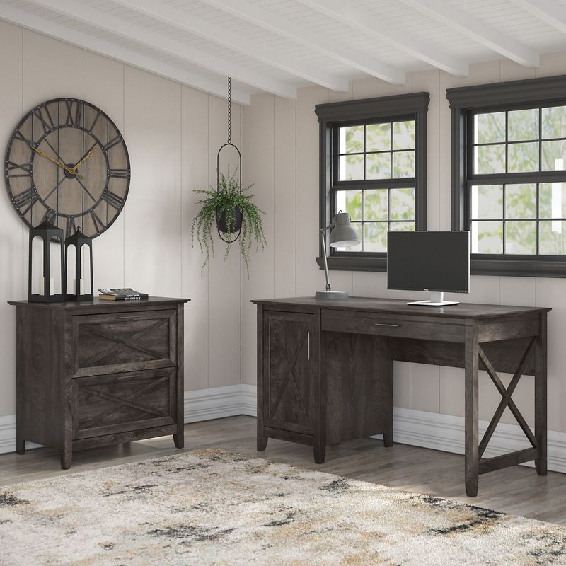 Bush Furniture Key West 54W Computer Desk With Storage And 2Drawer Lateral File Cabinet Dark Gray Hickory Standard Delivery