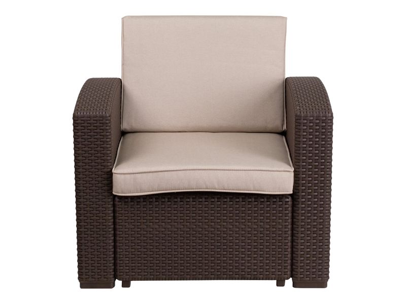 Flash Furniture Faux Rattan Outdoor Chair With Curved Arms And AllWeather Cushion Chocolate Brown